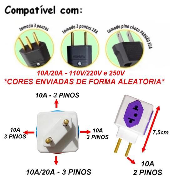 Imagem de Kit 3 Adaptador Tomada Benjamin Cubo 4 Entradas 3 Pinos 10A/20A Plug Universal