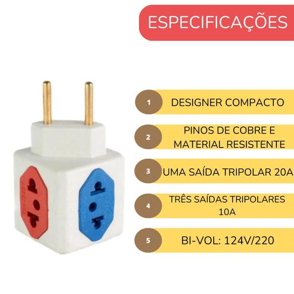 Imagem de Kit 3 Adaptador Tomada Cubo 4 Entradas Benjamin 10 A Dado