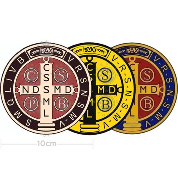 Imagem de Kit 3 Adesivos Medalha de São Bento Tons Amarelo e Tradicional 10cm