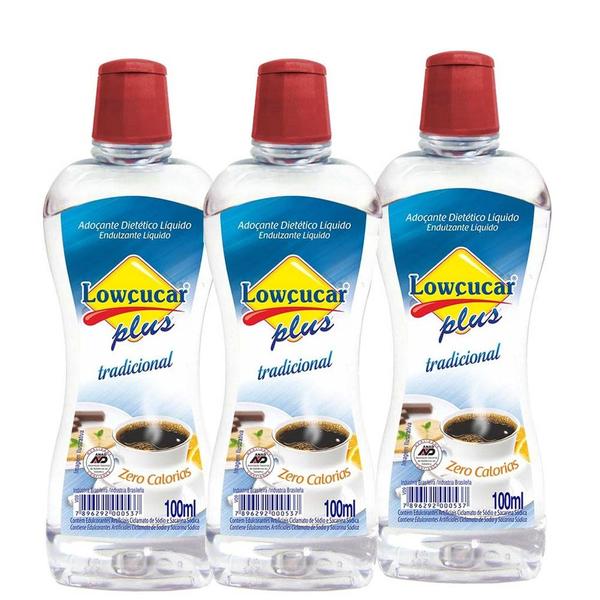 Kit 3 Adoçante Plus Tradicional Lowçucar Liq 100ml Imagem de Kit 3 Adoçante Plus Tradicional Lowçucar Liq 100ml