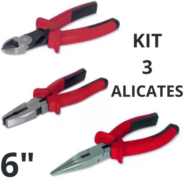 Imagem de Kit 3 Alicates 6" Universal + Bico Meia Cana + Alicate de Corte Profissional