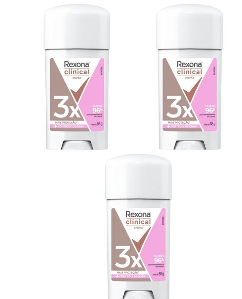 Imagem de Kit 3 Antitranspirantes Creme Rexona Clinical Classic 58g