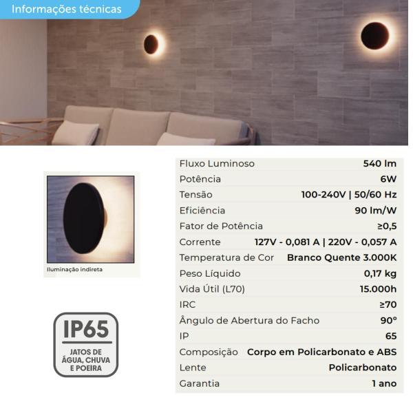 Imagem de Kit 3 Arandela Led 6W Mainz De Parede Redondo Luz Indireta 13cm 3000k Preto Germany