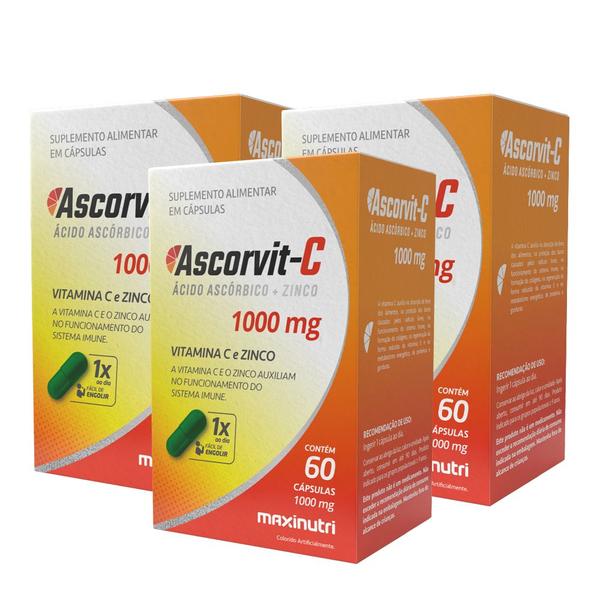 Imagem de Kit 3 AscorVit C 1000mg Vitamina C + Zinco 60 Cápsulas Maxinutri