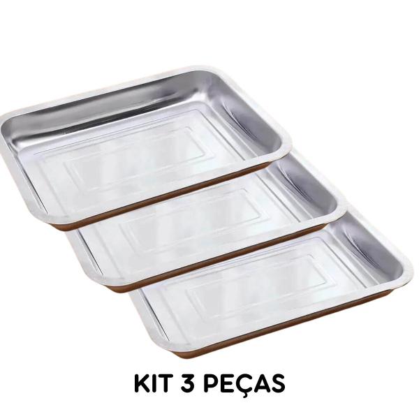 Imagem de Kit 3 Assadeiras Bandeja Retangular Aço Inox 39 x 29 cm