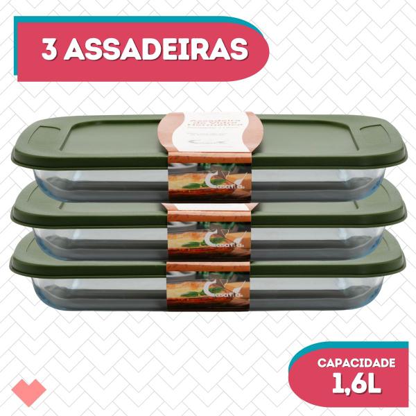 Imagem de Kit 3 Assadeiras Oval Com Tampa 1,6L Vidro Forno Freezer