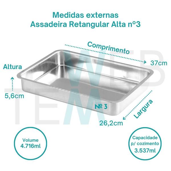 Imagem de Kit 3 Assadeiras Retangular Alta nº3 Alumínio Sustentável para Assados, Bolos, Lasanha, Cozimento Uniforme, Fácil Limpeza, Uso Caseiro ou Profissional