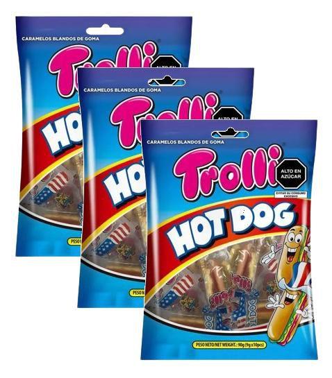 Imagem de kit 3 Bala Gelatina Frutada Trolli Formato Hot Dog 90g