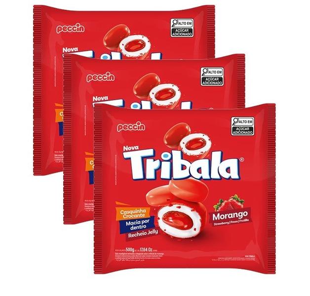 Imagem de kit 3 Bala Recheada Peccin TriBala Sabor Morango Saco 500g