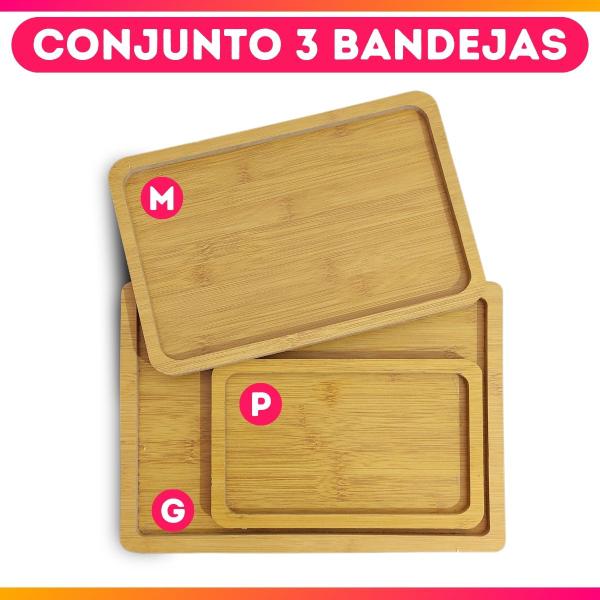 Imagem de Kit 3 Bandejas de Bambu Petisqueira Travessa Cesto Decorativo Madeira Bandeja Lavabo Conjunto Jogo