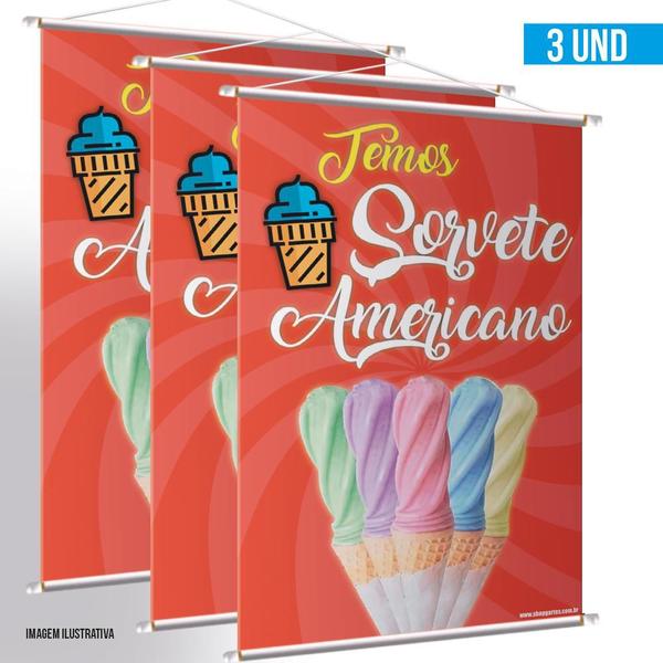 Kit 3 Banners Sorvete Americano Sabores Impressão Digital - G Artes Imagem de Kit 3 Banners Sorvete Americano Sabores Impressão Digital