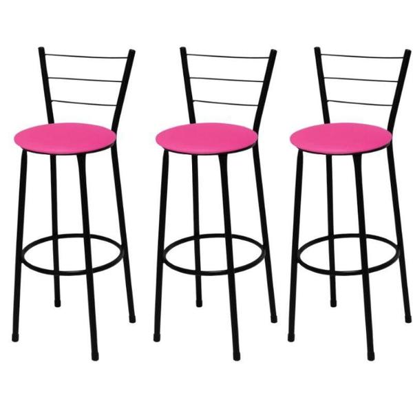 Kit 3 Banquetas Alta Preta com Assento Rosa Fortmix Imagem de Kit 3 Banquetas Alta Preta com Assento Rosa Fortmix