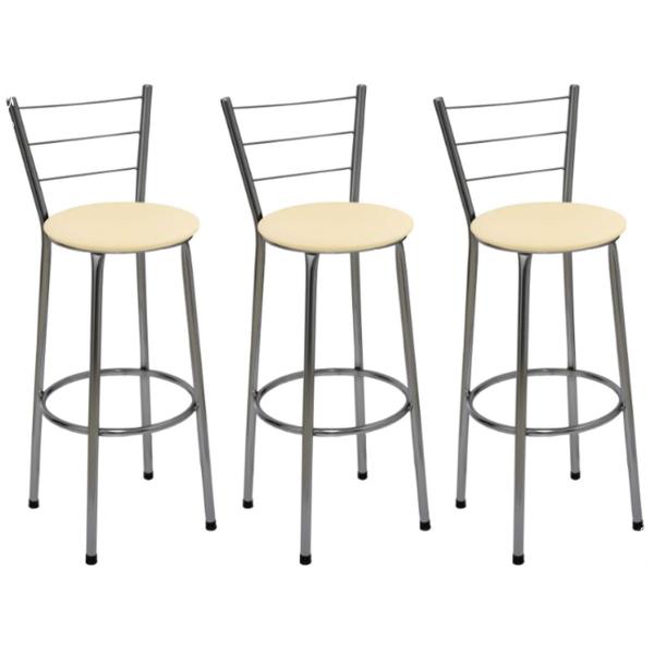 Kit 3 Banquetas Altas Cromada com Encosto Assento Bege - Fortmix Imagem de Kit 3 Banquetas Altas Cromada com Encosto Assento Bege