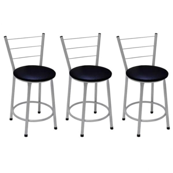 Kit 3 Banquetas Baixas Prata com Encosto Assento Preto - Fortmix Imagem de Kit 3 Banquetas Baixas Prata com Encosto Assento Preto