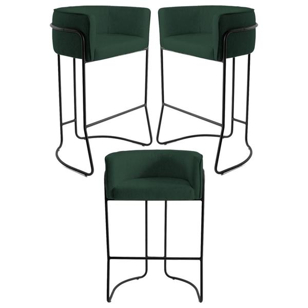 Imagem de Kit 3 Banquetas Decorativas Base Aço Preto Betina C-117 Linho Verde - Domi