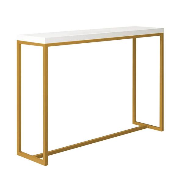 Imagem de Kit 3 Banquetas Lino + 1 Mesa Bancada Aparador Mavie 150cm Industrial Ferro Dourado 100% MDF Branco - Ahazzo Móveis