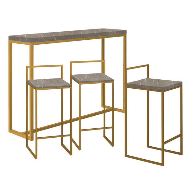 Imagem de Kit 3 Banquetas Lino + 1 Mesa Bancada Aparador Mavie 150cm Industrial Ferro Dourado 100% MDF Marmorizado - Ahazzo Móveis