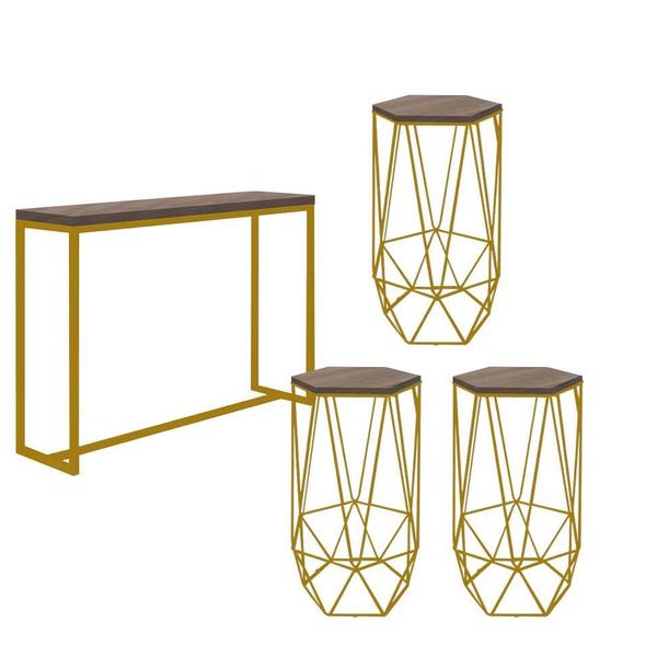 Imagem de Kit 3 Banquetas Liz + 1 Mesa Bancada Mavie 150cm Industrial Ferro Dourado MDF Caramelo - Ahazzo Móveis