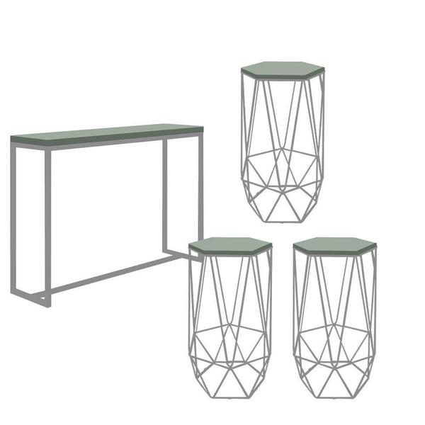 Imagem de Kit 3 Banquetas Liz + 1 Mesa Bancada Mavie 150cm Industrial Ferro Prata MDF Verde Oliva - Ahazzo Móveis