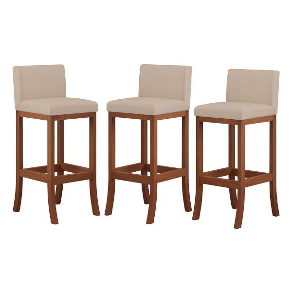 Kit 3 Banquetas Média Estofada Gourmet para Cozinha 38x90 Cm Espanha Madeira Castanho Suede CCS - CCS Interiores Imagem de Kit 3 Banquetas Média Estofada Gourmet para Cozinha 38x90 Cm Espanha Madeira Castanho Suede CCS