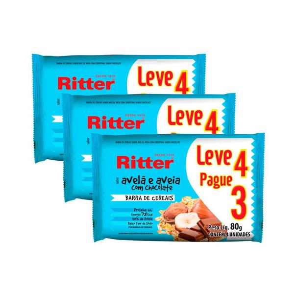 Kit 3 Barra de Cereais Ritter Avelã e Aveia com Chocolate Leve 4 Pague 3 com 4 unidades de 20g cada Imagem de Kit 3 Barra de Cereais Ritter Avelã e Aveia com Chocolate Leve 4 Pague 3 com 4 unidades de 20g cada