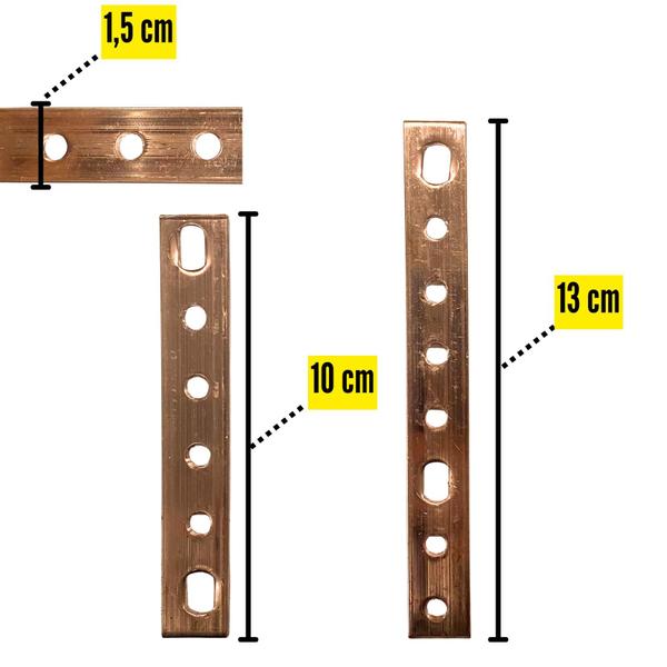 Imagem de Kit 3 Barramentos Cobre 5/8x1/8 150mm C/8 ou 6 Furos + Pf P/ Caixa De Luz