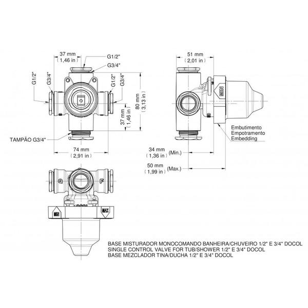 Imagem de Kit 3 Base Misturador Monocomando Para Banheira Ou Chuveiro 1/2" e 3/4" Docol