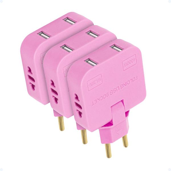 Imagem de Kit 3 Benjamim Adaptador T Articulado 16A 2 Plug USB Bivolt