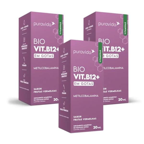 Imagem de Kit 3 Bio Vit. B12+ Metilcobalamina  Gotas Biodísponivel Puravida