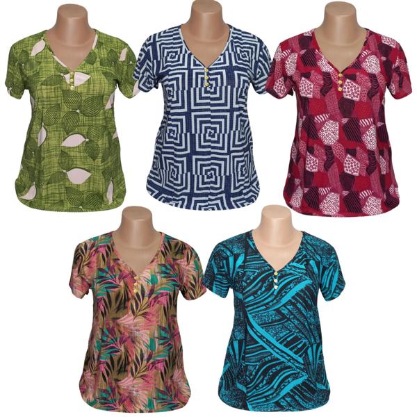 Imagem de Kit 3 Blusa Feminina Malha Fria Estampadas  Senhora Plus 