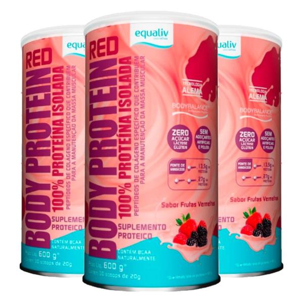 Kit 3 Body Protein Equaliv 600g Frutas Vermelhas Imagem de Kit 3 Body Protein Equaliv 600g Frutas Vermelhas