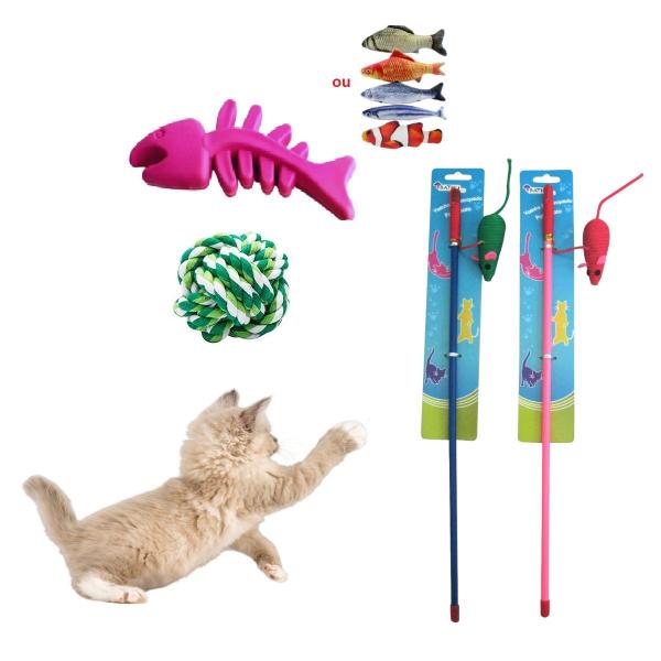 Imagem de Kit 3 Brinquedos Para Gato Varinha bola corda pelucia catnip