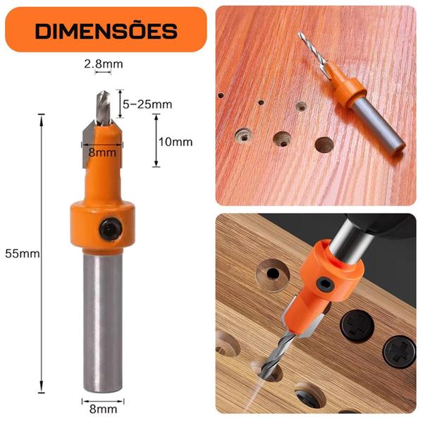 Imagem de Kit 3 Broca Com Escareador 2.8Mm X 8Mm Para Rebaixo Madeira