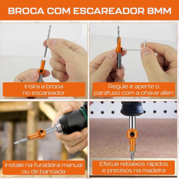 Imagem de Kit 3 Broca Com Escareador 4Mm X 8Mm Para Rebaixo Em Madeira