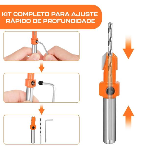 Imagem de Kit 3 Broca Com Escareador 4Mm X 8Mm Para Rebaixo Em Madeira