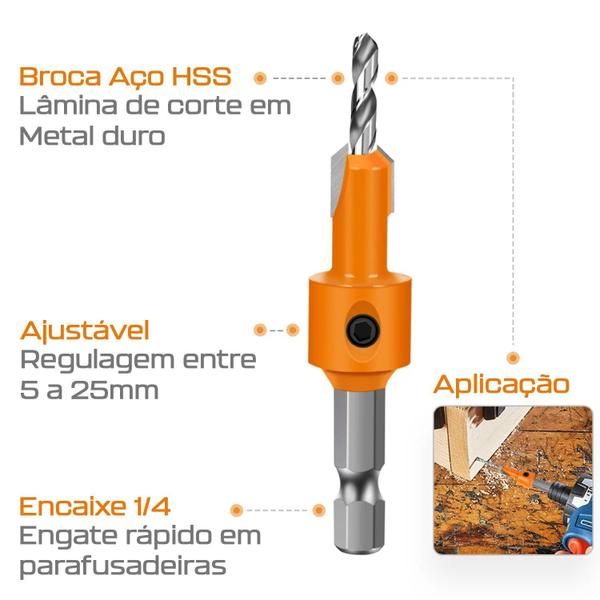 Imagem de Kit 3 Brocas Com Escareador 3.2Mm X 8Mm Encaixe 1/4 Madeira