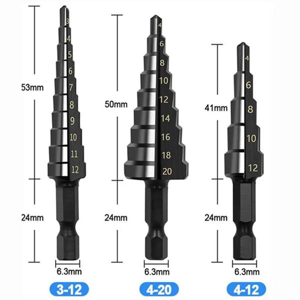 Imagem de Kit 3 Brocas Escalonadas Aço Hss Encaixe Hex 1/4 Pol. Pretas