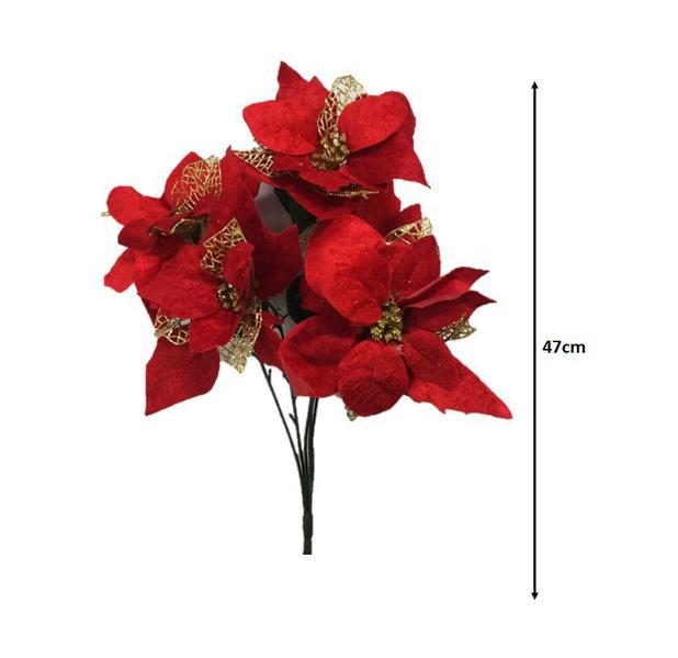 Imagem de Kit 3 Buquê Natal Bico de Papagaio Vermelho Camurça e Dourado 5 Flores 47cm - Master Christmas
