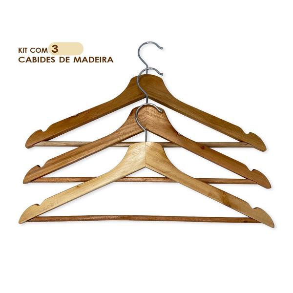 Kit 3 Cabides de Madeira Marfim Verniz Organização Guarda-Roupa Armário - Wincy Imagem de Kit 3 Cabides de Madeira Marfim Verniz Organização Guarda-Roupa Armário