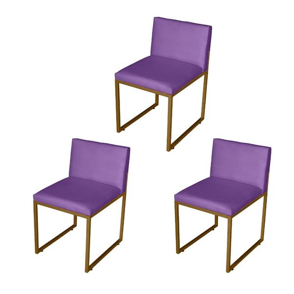 Imagem de Kit 3 Cadeira de Jantar Escritorio Industrial Vittar Ferro Dourado Suede Roxo - Móveis Mafer