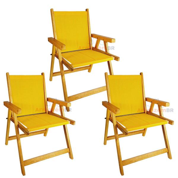 Imagem de Kit 3 Cadeira De Madeira Dobrável Para Lazer Jardim Praia Piscina Camping Amarelo - AMZ