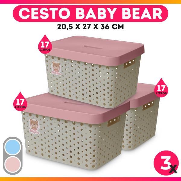 Imagem de Kit 3 Caixas Cesto Organizador Baby Bear Rosa Azul 17L Trama Rattan Infantil Quarto Criança - Usual