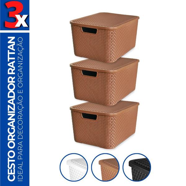 Kit 3 Caixas Cesto Rattan Organizadora c/ Tampa 15L 34x26 - Arqplast Imagem de Kit 3 Caixas Cesto Rattan Organizadora c/ Tampa 15L 34x26