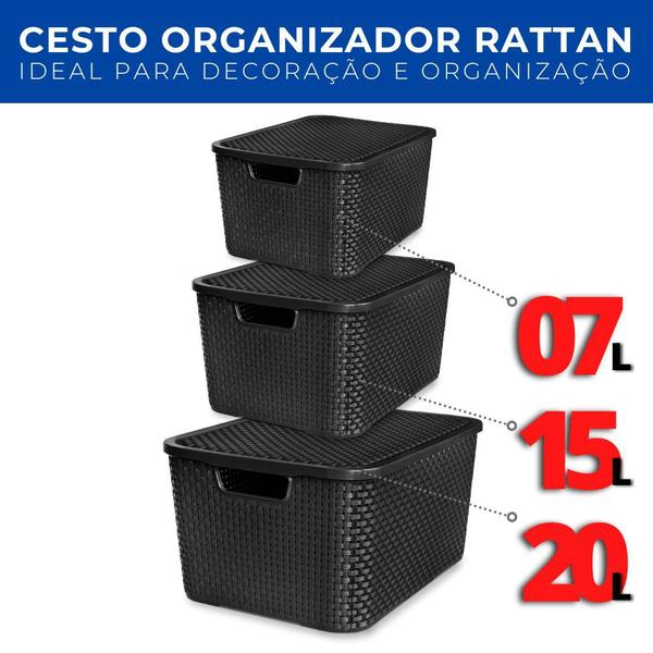 Imagem de Kit 3 Caixas Cestos Trama Rattan Organizador 7/15/20L PMG