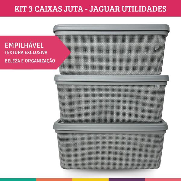 Imagem de Kit 3 Caixas Juta Cesto Organizador com Tampa Multiuso Cinza Jaguar Utilidades