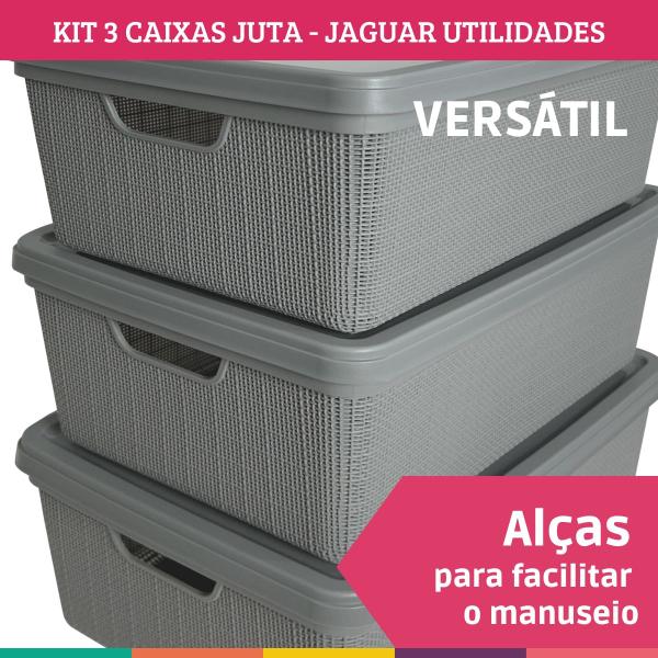 Imagem de Kit 3 Caixas Juta Cesto Organizador com Tampa Multiuso Cinza Jaguar Utilidades