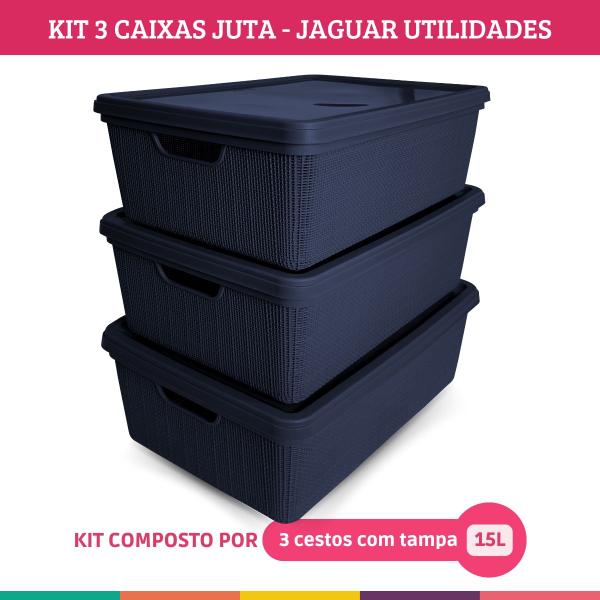 Imagem de Kit 3 Caixas Juta Cesto Organizador com Tampa Multiuso Marinho Jaguar Utilidades