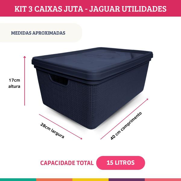 Imagem de Kit 3 Caixas Juta Cesto Organizador com Tampa Multiuso Marinho Jaguar Utilidades