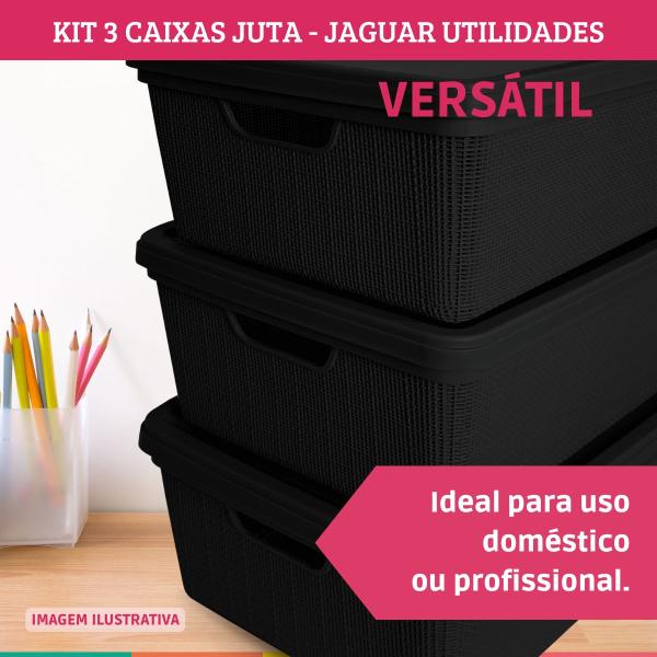 Imagem de Kit 3 Caixas Juta Cesto Organizador com Tampa Multiuso Preta Jaguar Utilidades