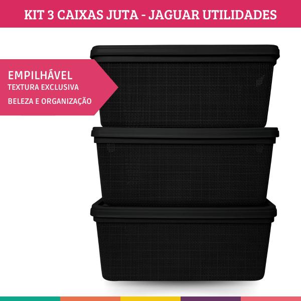 Kit 3 Caixas Juta Cesto Organizador com Tampa Multiuso Preta Jaguar Utilidades Imagem de Kit 3 Caixas Juta Cesto Organizador com Tampa Multiuso Preta Jaguar Utilidades
